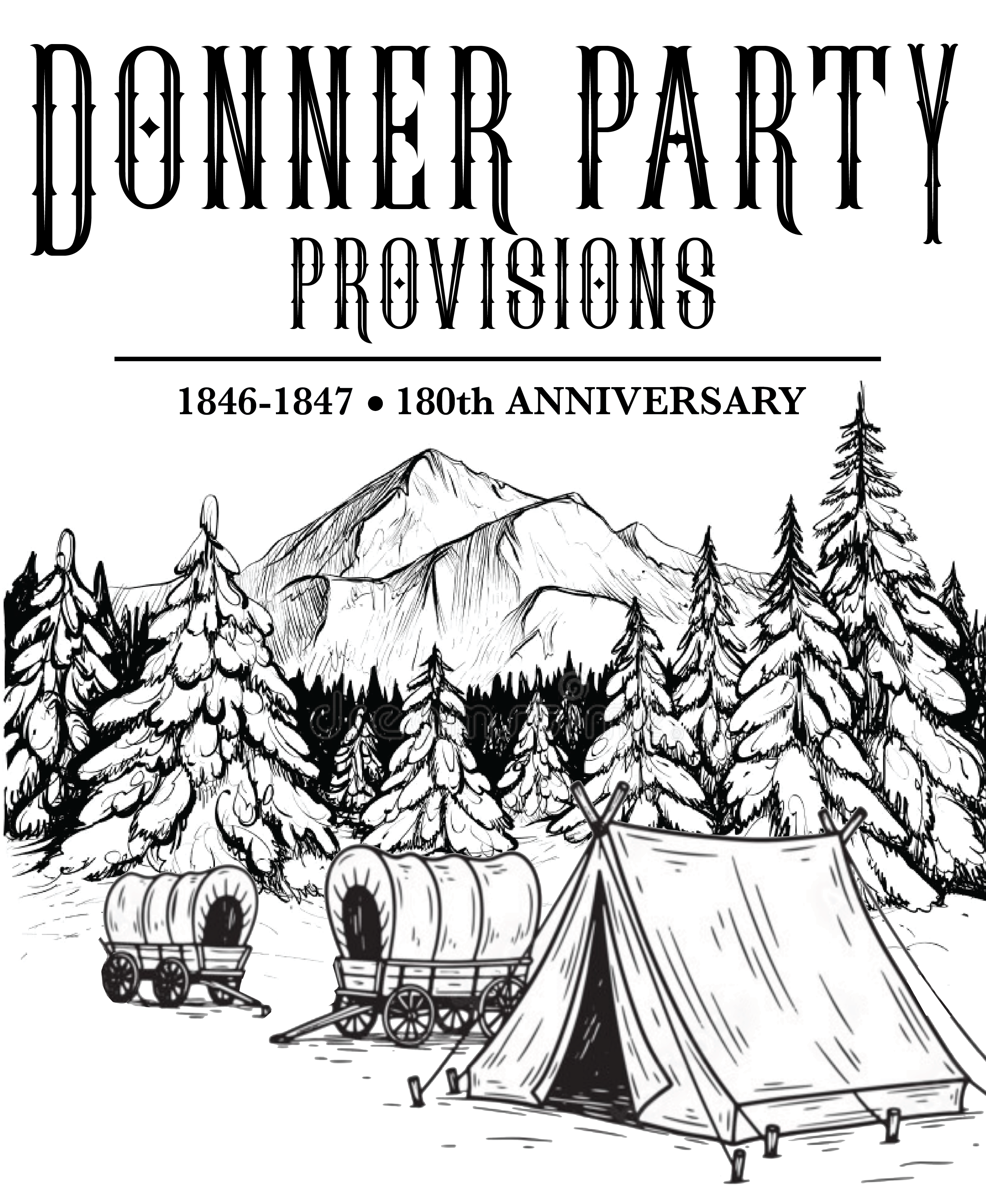 Donner Party Provisions anniversary artwork with mountain camp scene